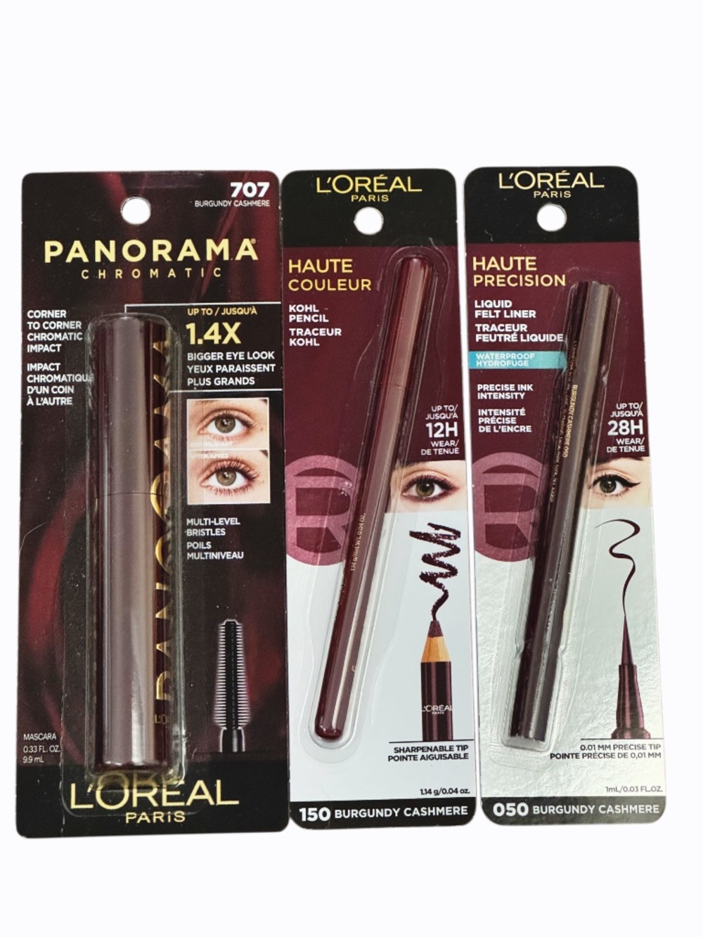 L’Oreal Bundle Burgundy Cashmere Mascara Liquid Eye Liner and Kohl Pencil